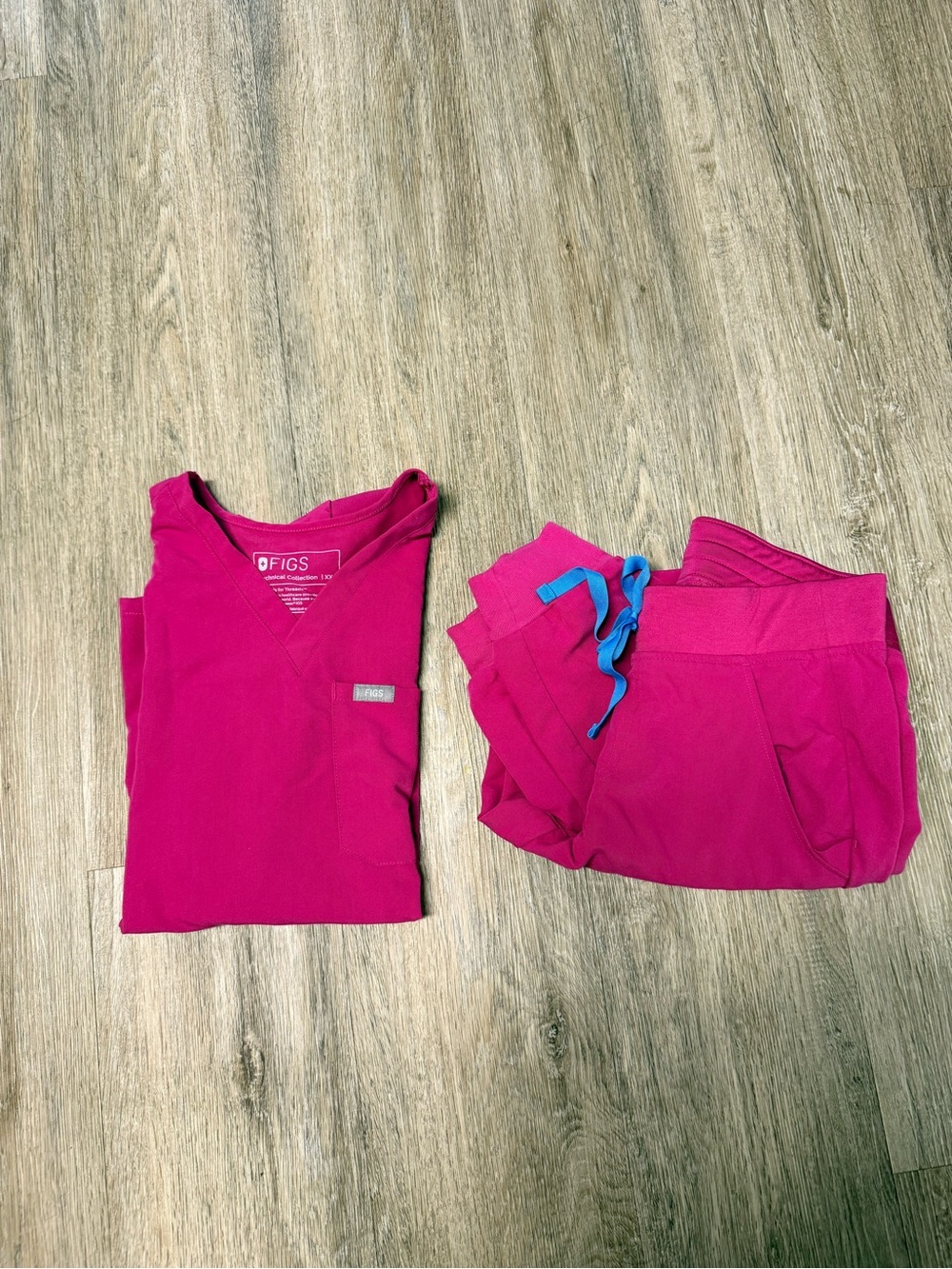 Figs Magenta V-Neck Scrub Top with Red Nail Accent